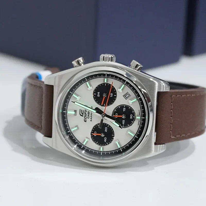 Casio Edifice Chronograph Cream Dial Leather Men's Watch- EFB-730L-7AV